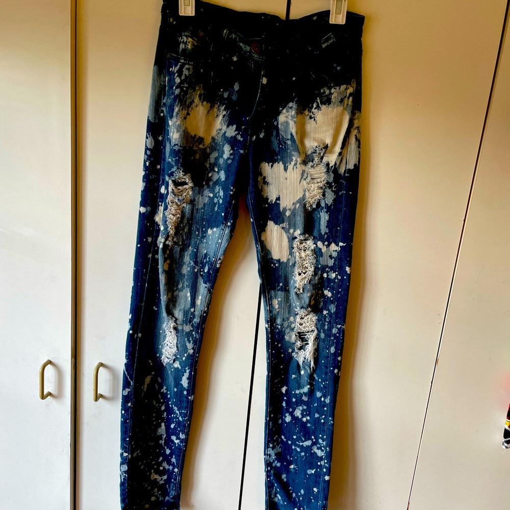Women’s Suko Jeans, bleached and distressed, size 8, mid-rise